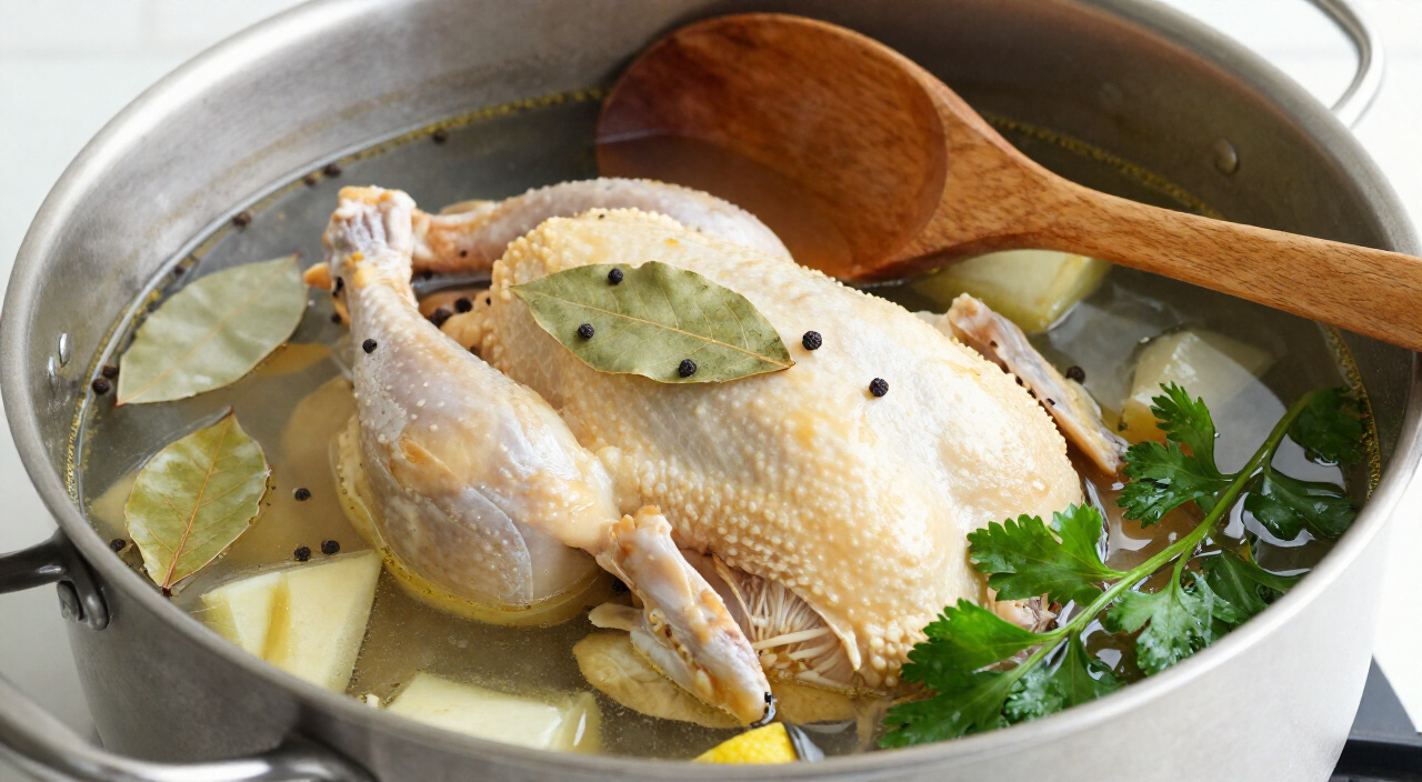 bay leaves, peppercorns and parsley stems added to simmering chicken broth