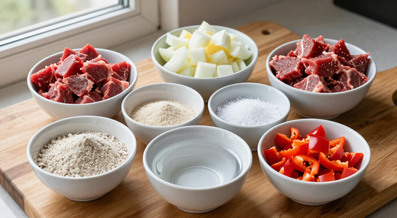 Beef chuck cubes, diced onion, bouillon powder, kosher salt, water and chopped red bell peppers in bowls