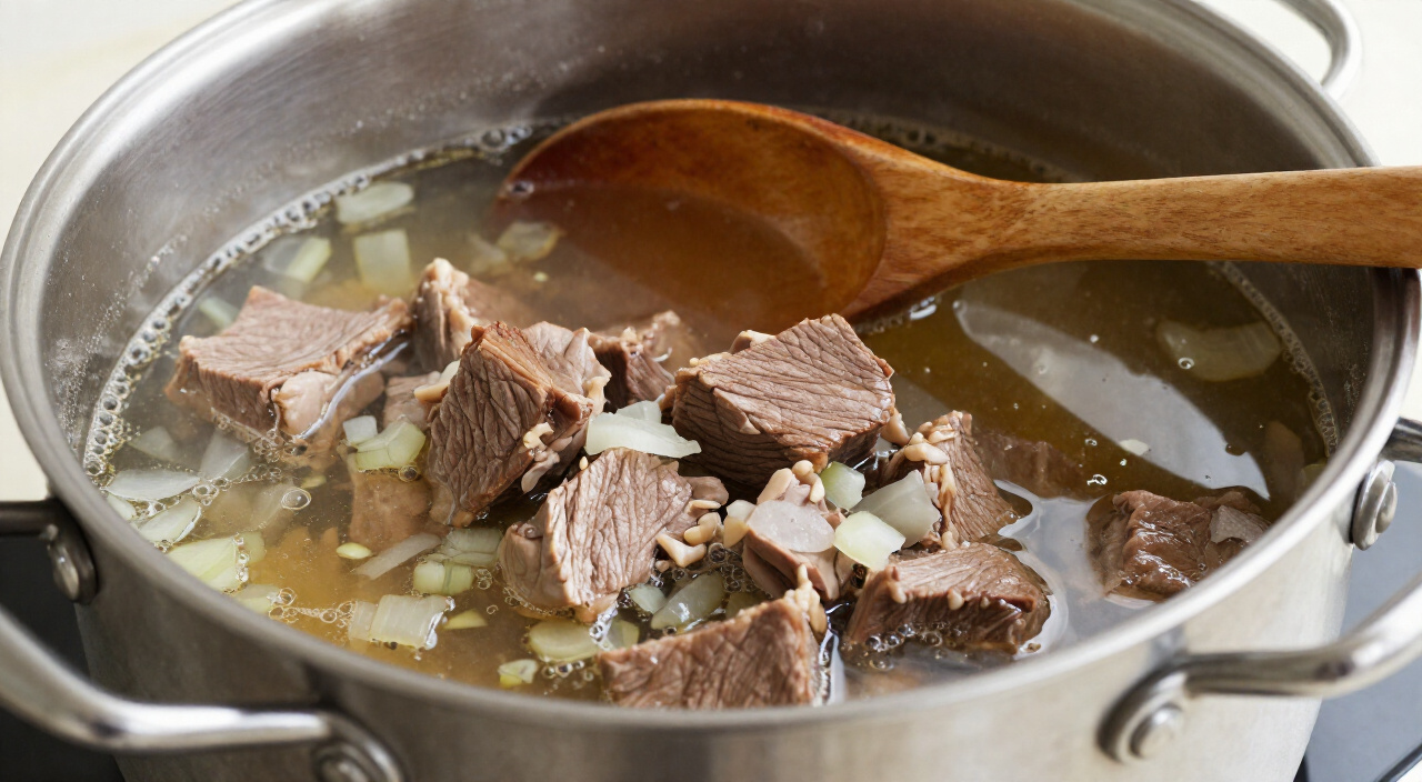 beef chuck cubes simmering in broth with diced onion in a stockpot
