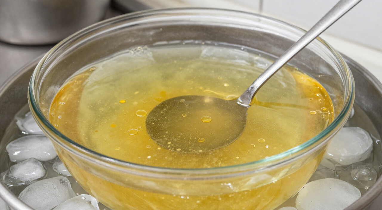 bowl of golden chicken broth cooling in an ice water bath