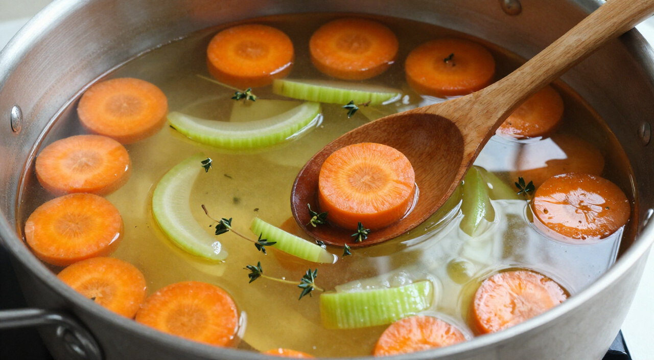 carrot coins, celery slices and thyme simmering in golden chicken broth