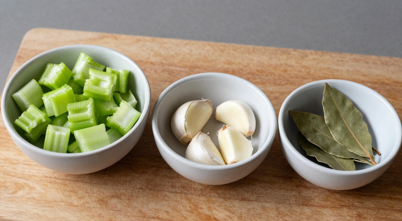 Celery chunks, smashed garlic cloves and dried bay leaves in bowls on a wooden cutting board