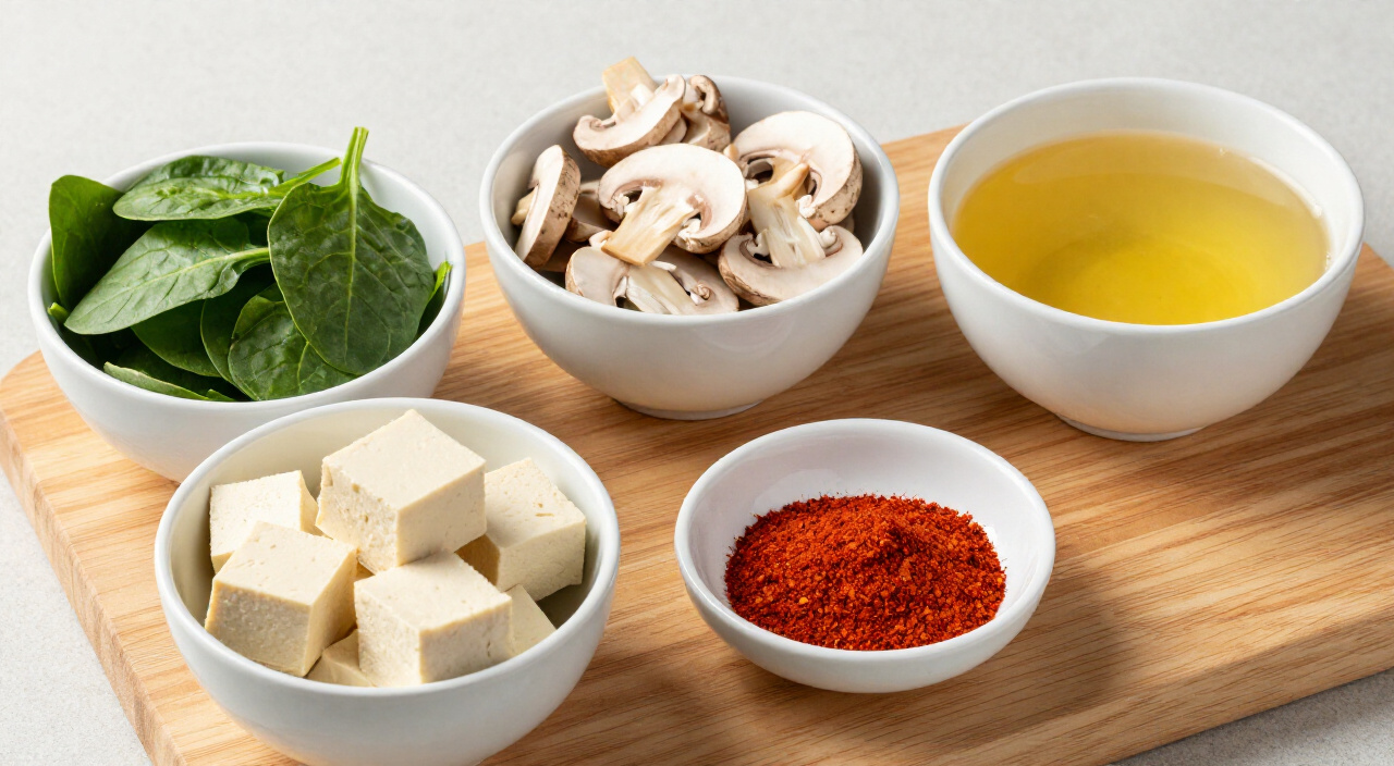 Chopped spinach, quartered cremini mushrooms, tofu cubes, vegetable stock and smoked paprika in bowls