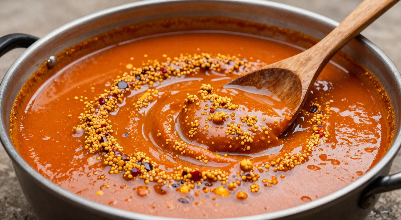 egusi curds cooking in thick red pepper sauce