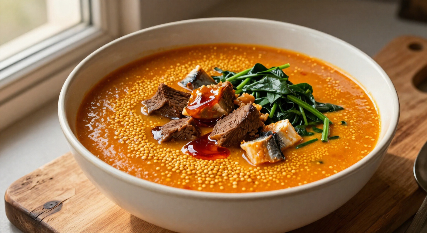Rich Slow-Simmered Nigerian Egusi Soup with Beef and Spinach