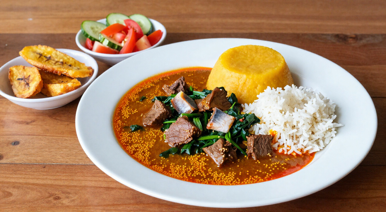 Egusi soup plated with pounded yam, white rice, fried plantain and cucumber tomato salad
