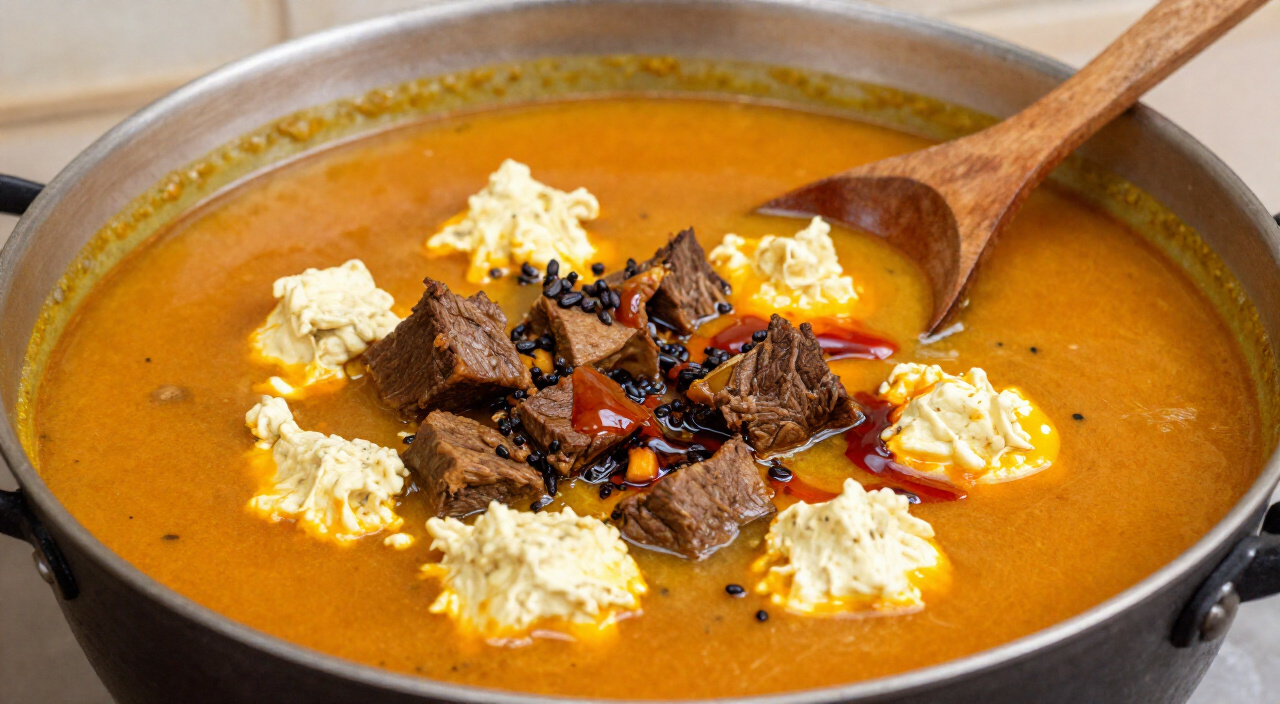 egusi soup simmering with beef cubes and red palm oil on top