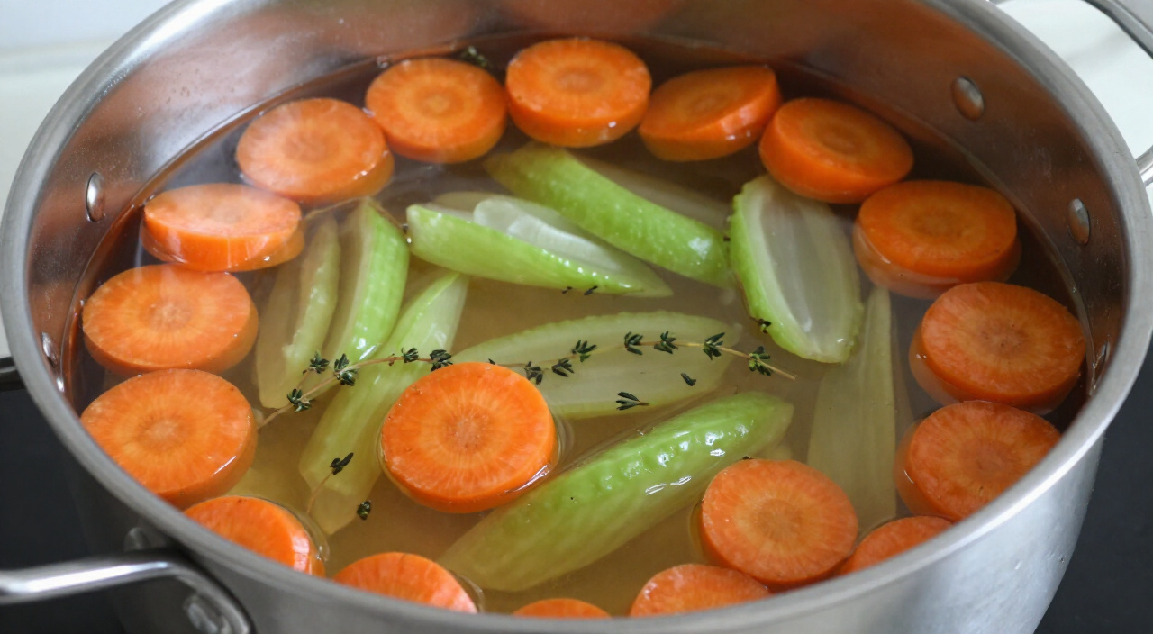 evenly sliced carrot coins and celery simmering with thyme sprigs in amber chicken broth
