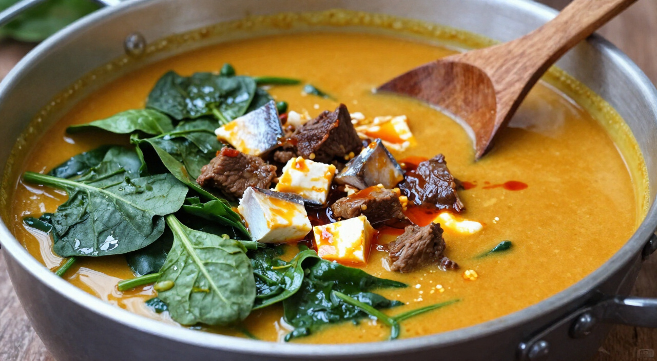 finished egusi soup with wilted spinach, beef and smoked fish in a pot