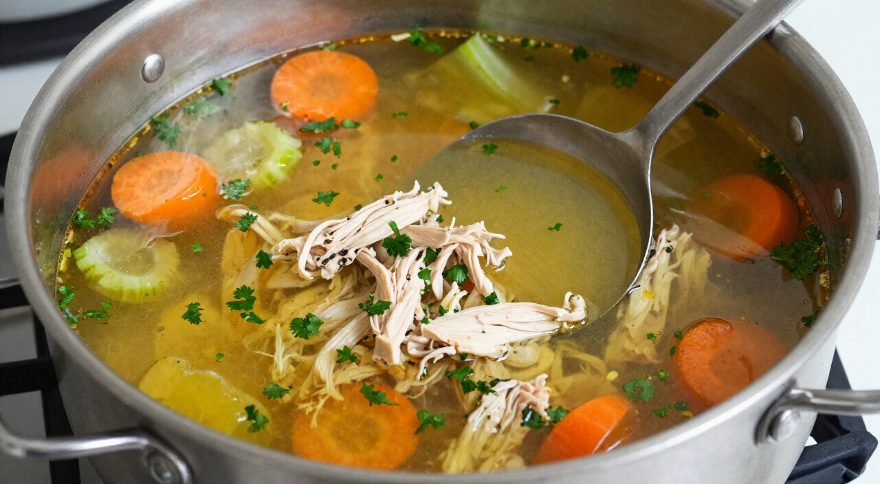 finished homemade chicken soup with parsley in a stockpot with a ladle