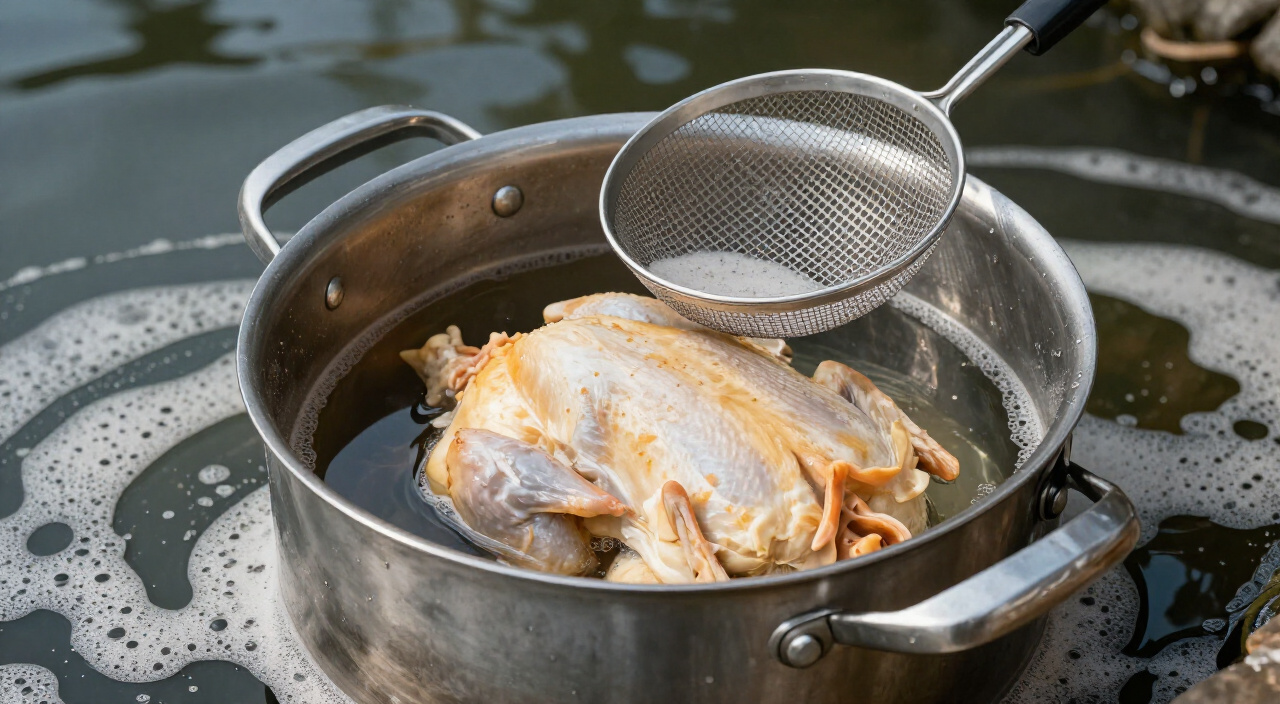foam skimmed from the surface of chicken broth in a stockpot