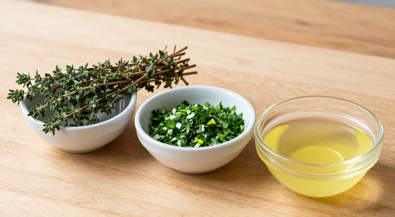 fresh thyme sprigs, chopped parsley and lemon juice in small bowls for chicken soup