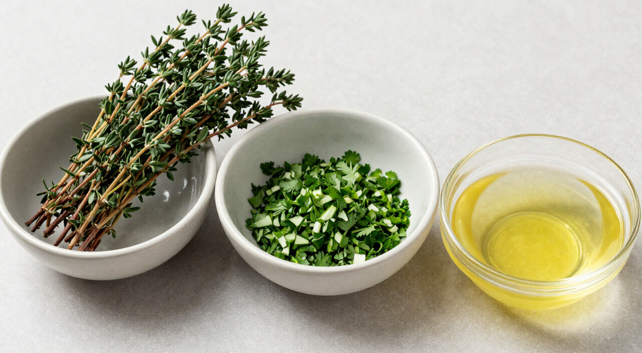 Fresh thyme sprigs, finely chopped parsley, and fresh lemon juice in small bowls
