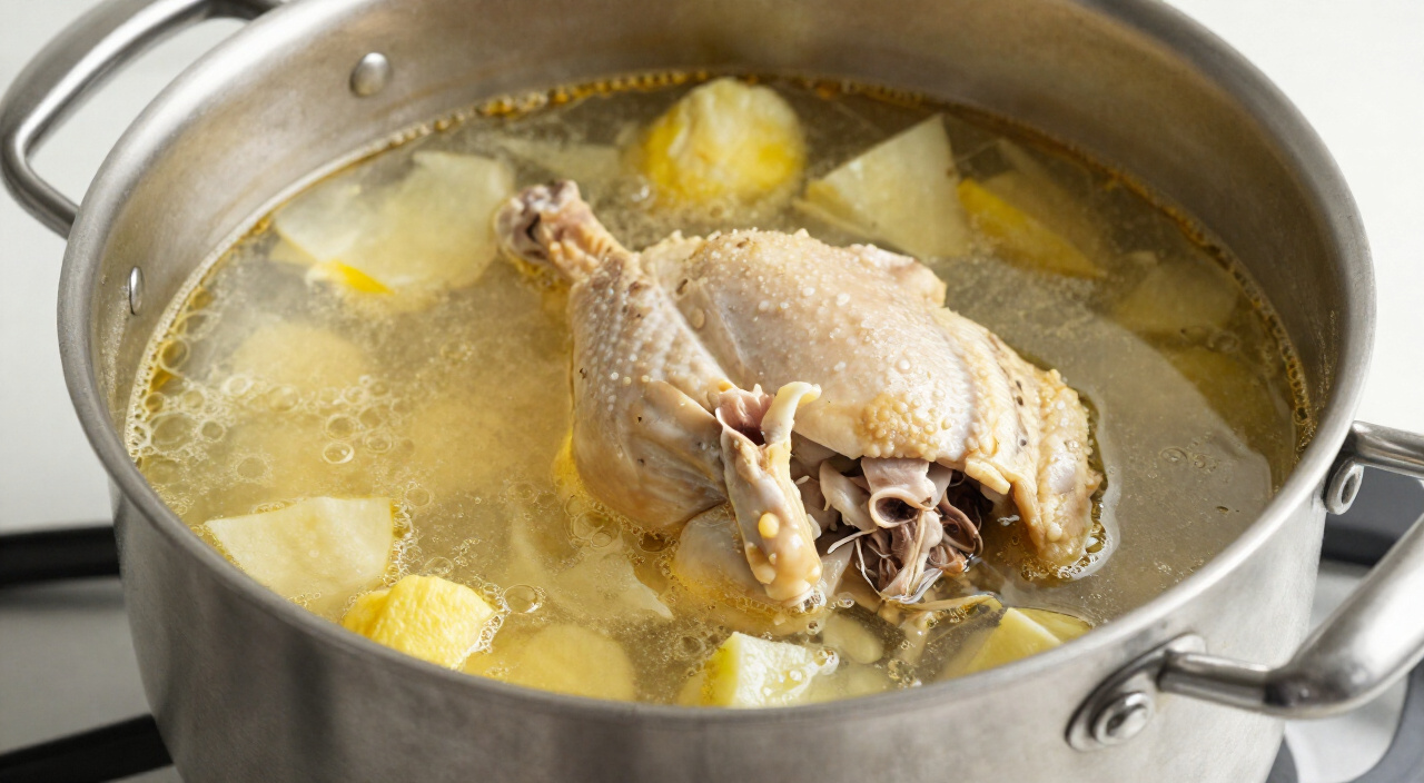 golden chicken broth gently simmering with a whole cooked chicken and vegetables