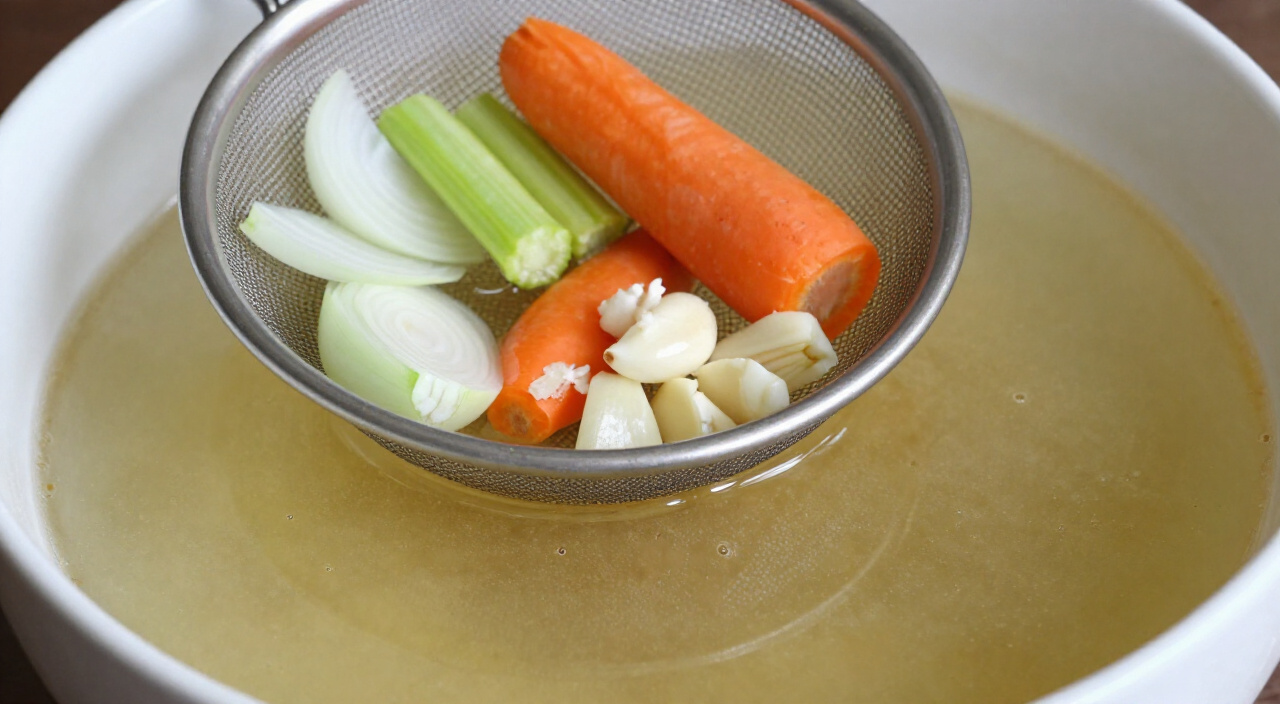 golden chicken broth strained through a fine-mesh sieve holding soft vegetables
