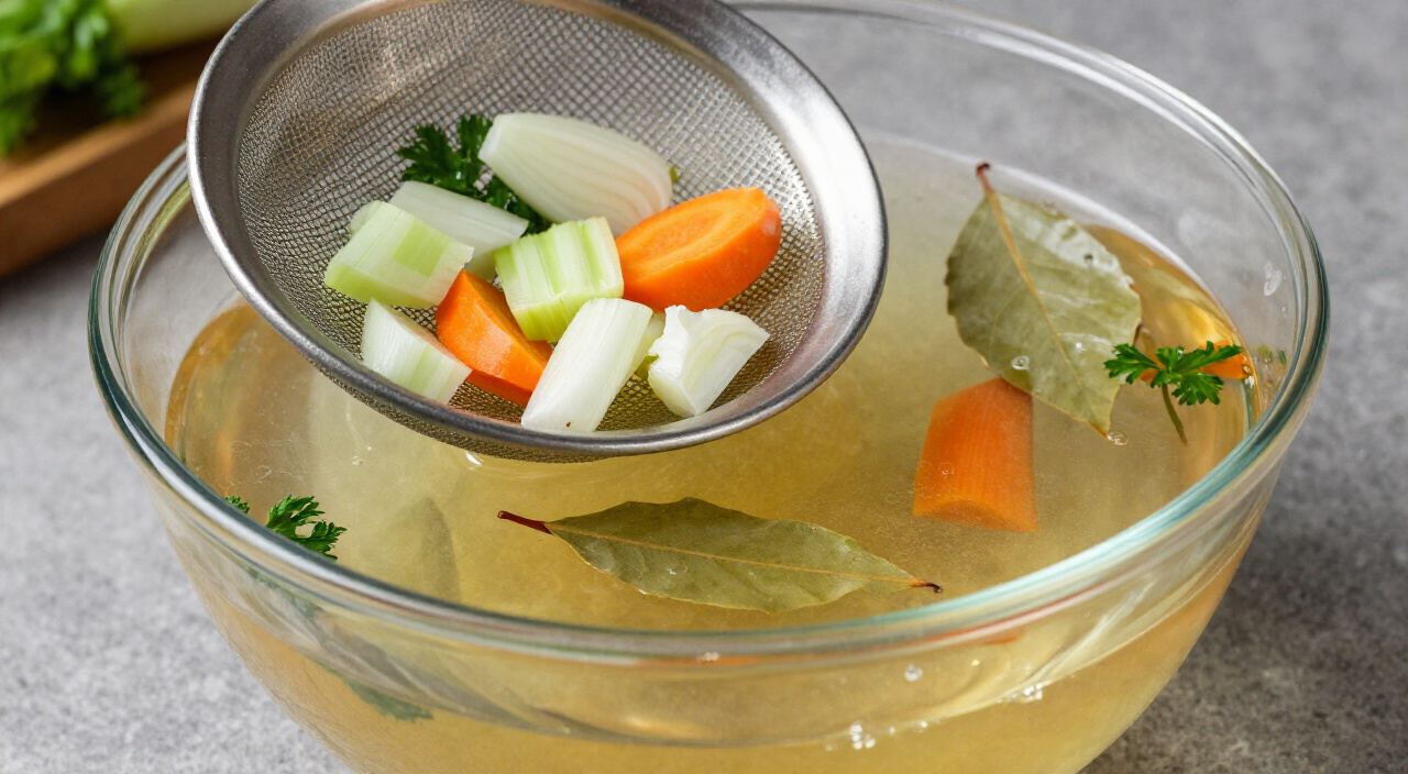 golden chicken broth strained through a fine-mesh sieve into a large bowl