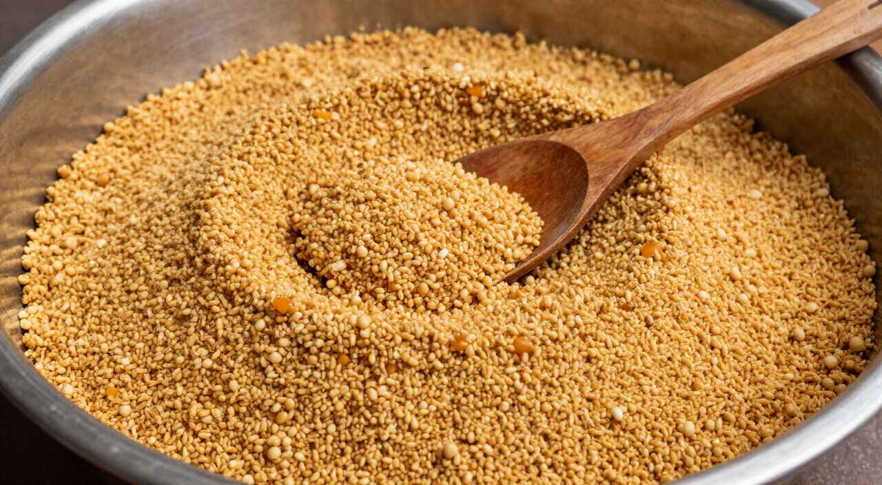 ground egusi frying into golden curds in red palm oil