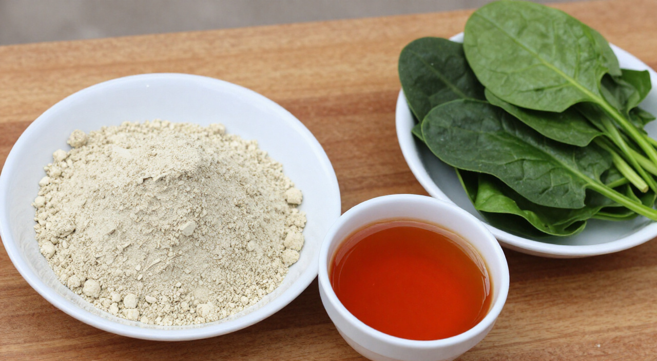 ground egusi, red palm oil and chopped spinach in separate bowls for egusi soup