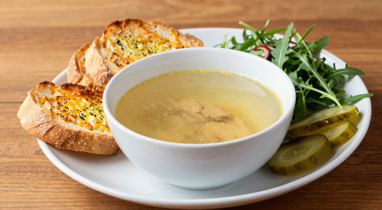 Homemade chicken broth in a bowl with grilled cheese, garlic toast, arugula salad and pickled cucumbers