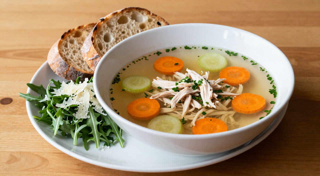 Homemade chicken soup in a bowl with crusty sourdough slices and arugula salad with shaved Parmesan