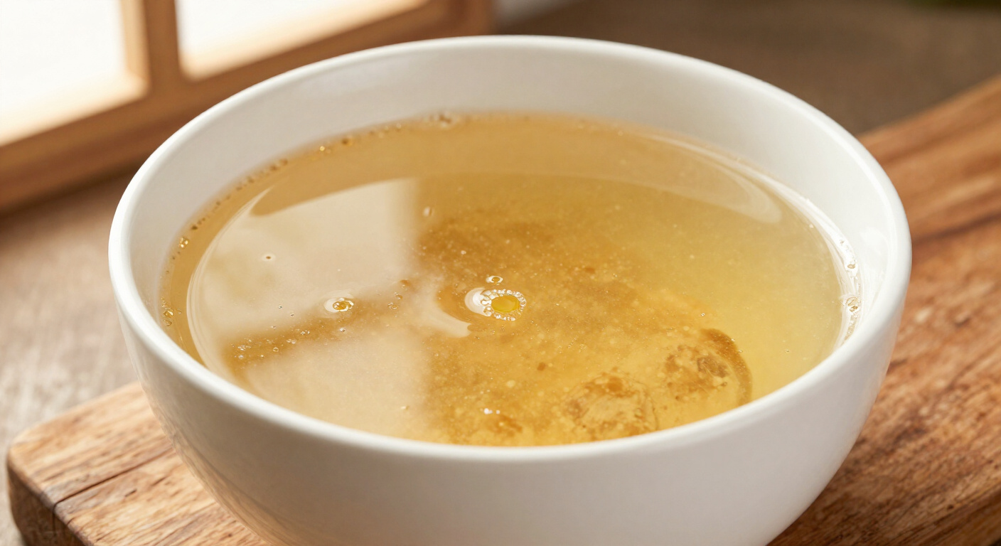 How to make chicken broth: clear golden whole chicken stock in a white bowl beside a stockpot with parsley and carrots