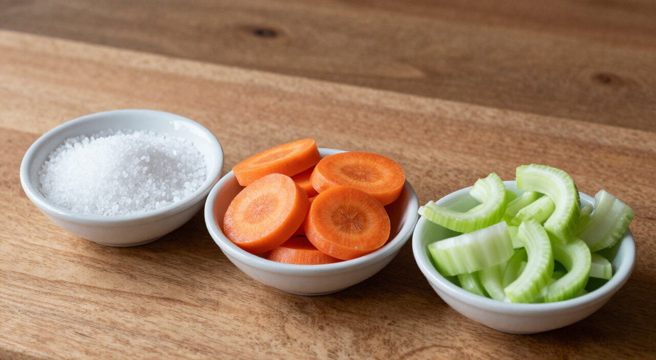 kosher salt, sliced carrot coins and sliced celery in separate prep bowls