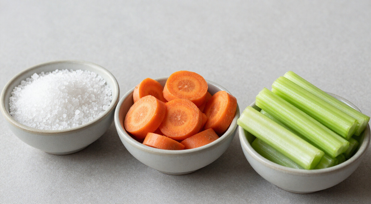 Kosher salt, sliced carrot coins, and sliced celery in separate bowls