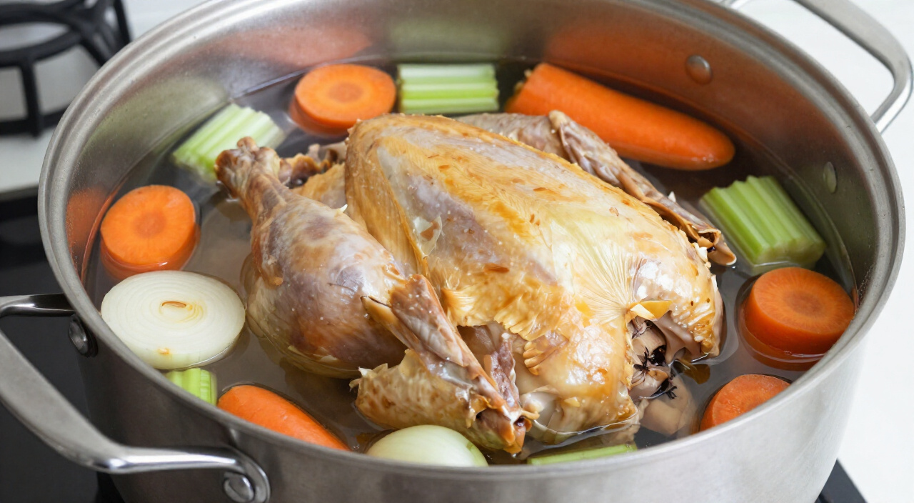 onions, carrots, celery and garlic simmering around a whole chicken in a stockpot