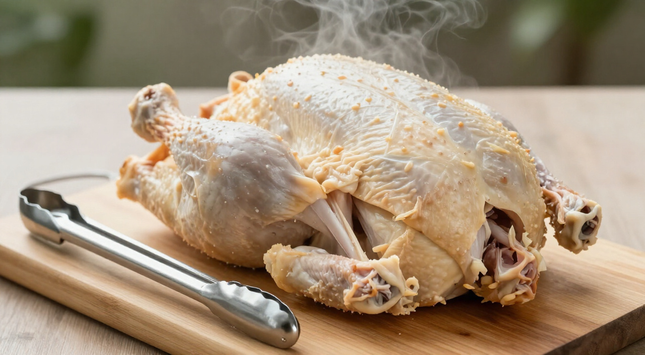 poached whole chicken resting on a wooden cutting board beside tongs