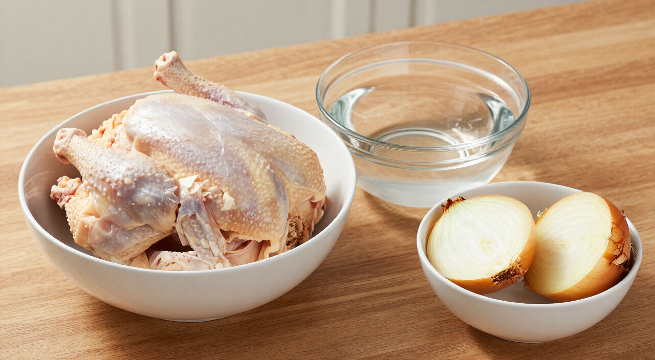raw whole chicken, a bowl of cold water and a halved yellow onion for homemade chicken soup