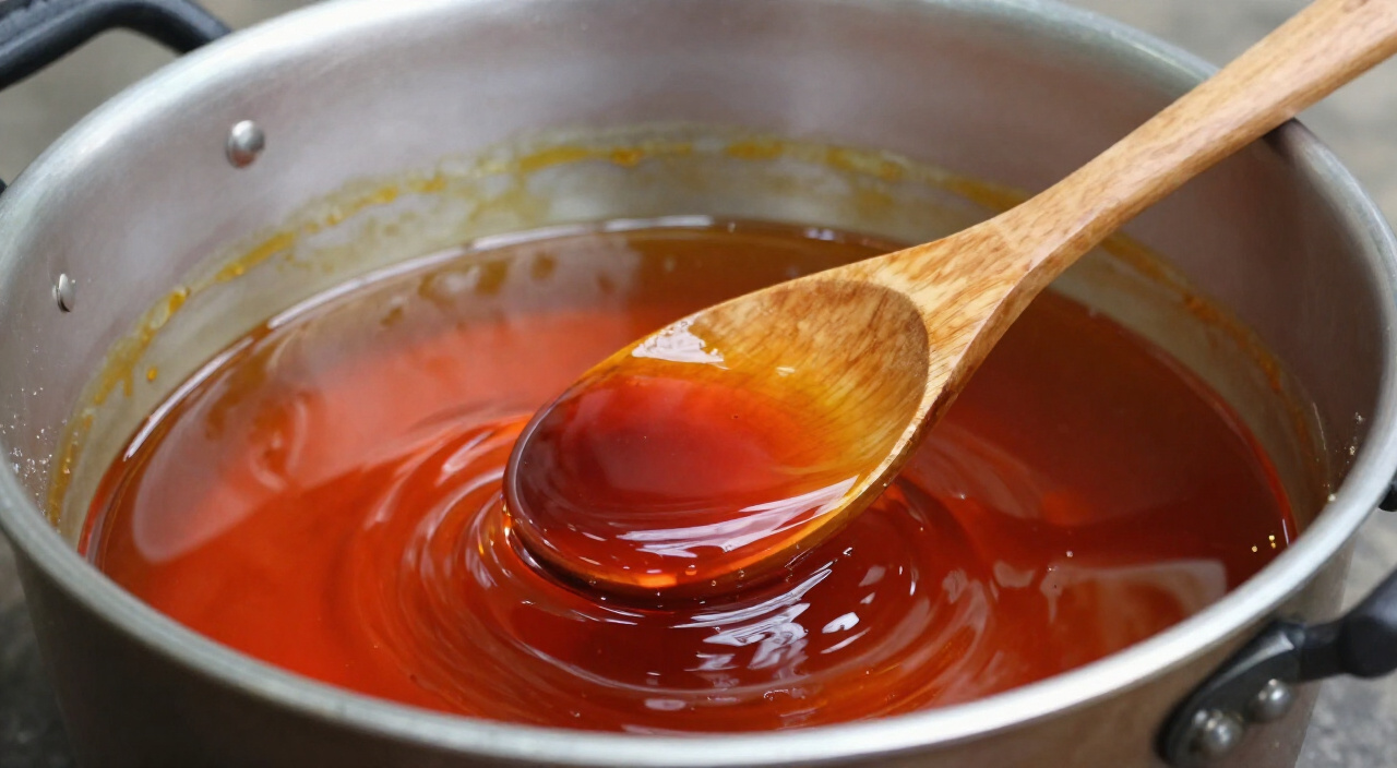 red palm oil heating in a wide heavy pot