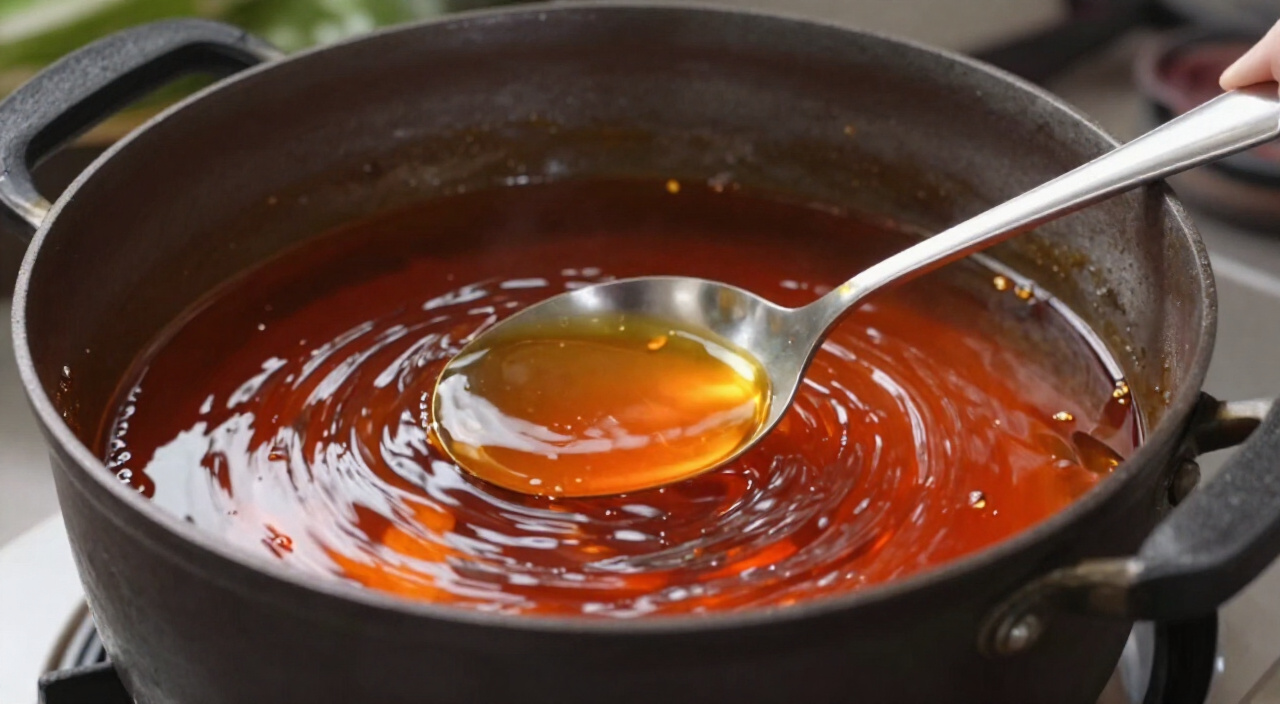 Red palm oil shimmering in a wide heavy pot on the stove