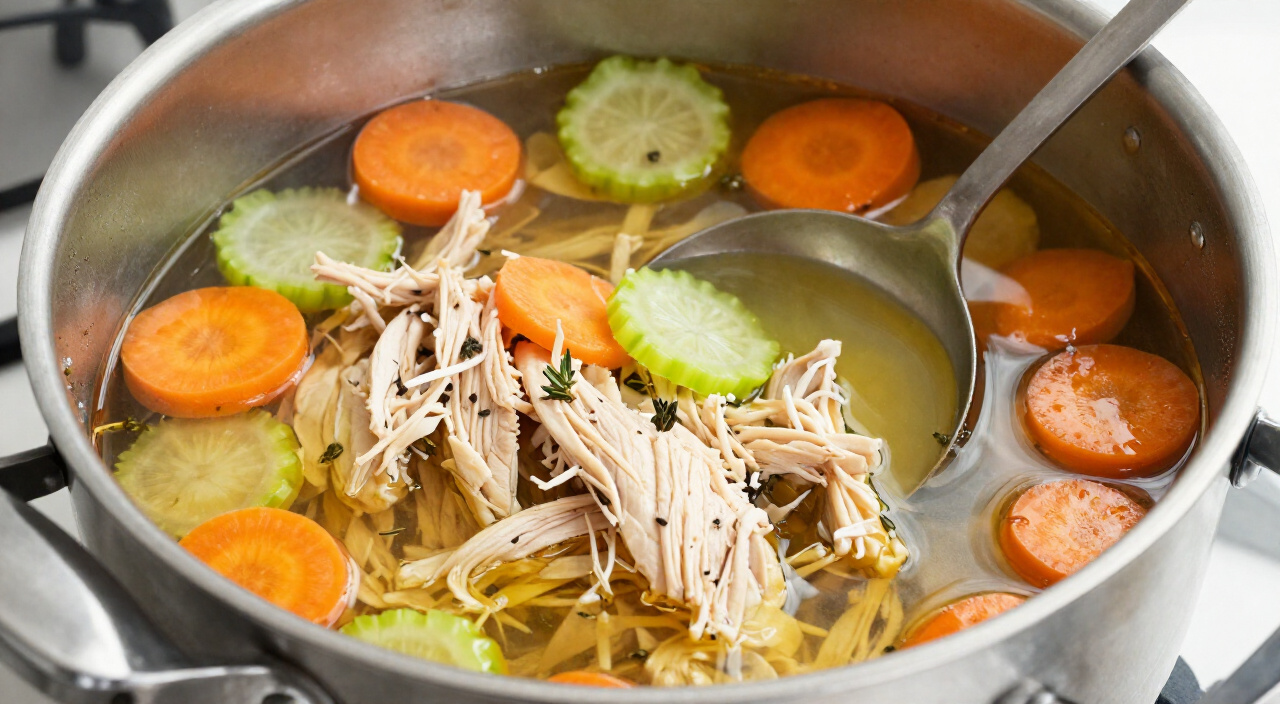 shredded chicken, carrots and celery simmering in golden broth