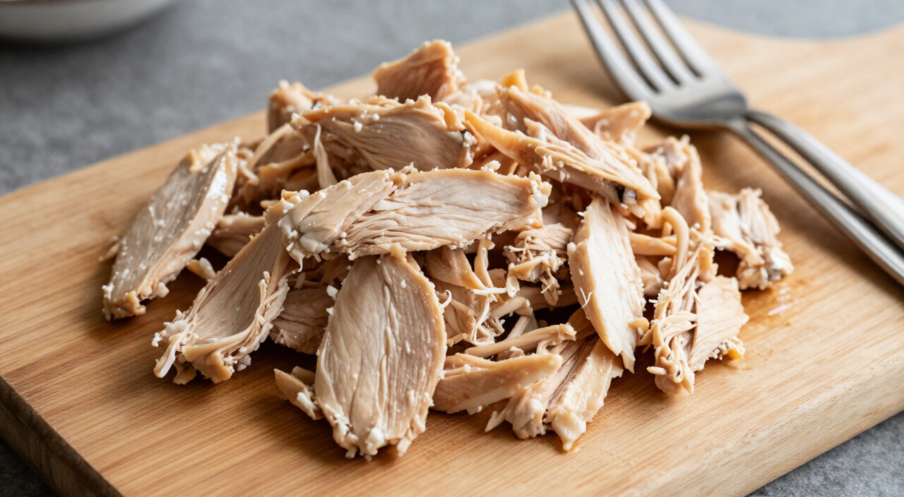 shredded cooked chicken piled on a cutting board with two forks