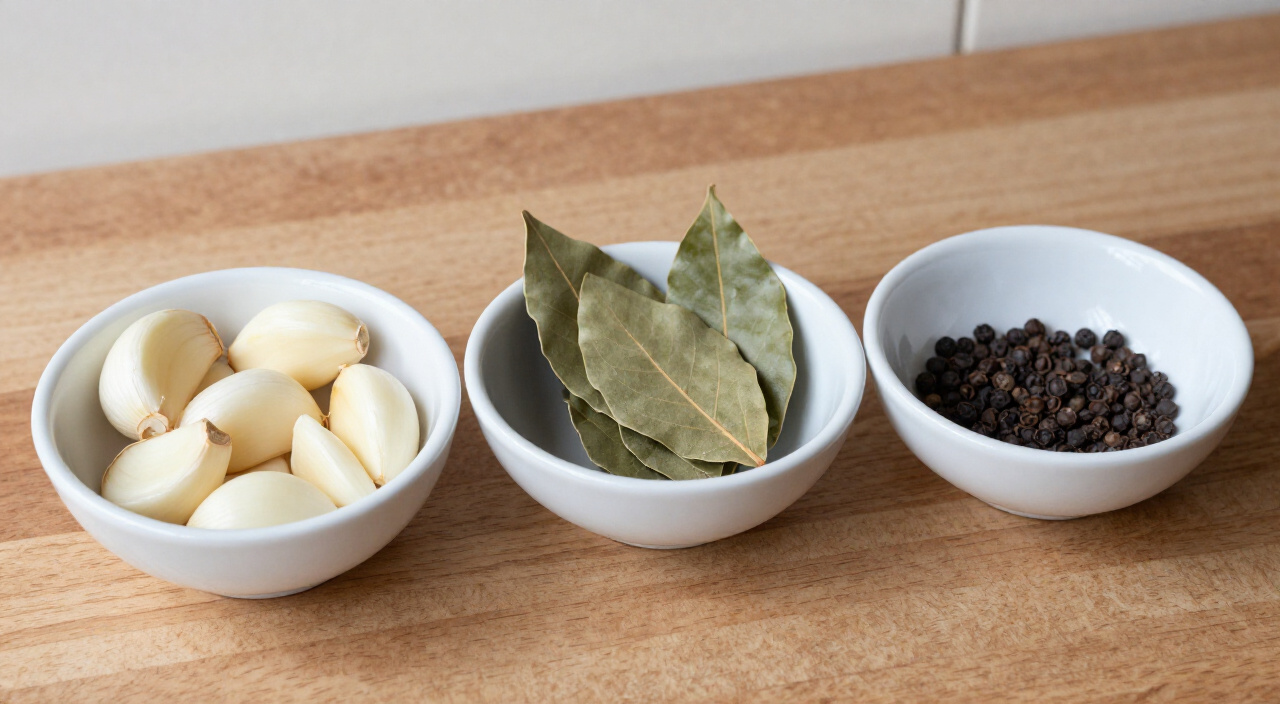 smashed garlic cloves, dried bay leaves and whole black peppercorns in small bowls