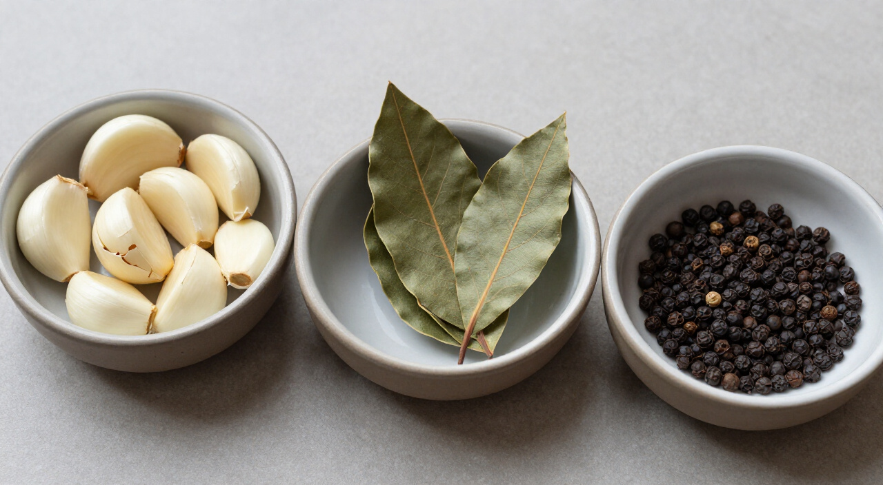 Smashed garlic cloves, dried bay leaves, and whole black peppercorns in small bowls