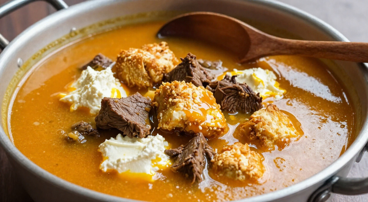 smoked fish chunks folded into orange egusi soup with beef