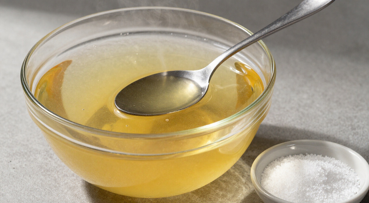 spoon resting on a bowl of golden chicken broth beside a dish of kosher salt
