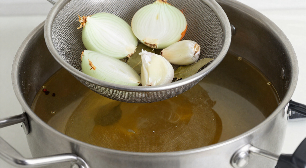strained golden chicken broth in a pot with a sieve holding aromatics
