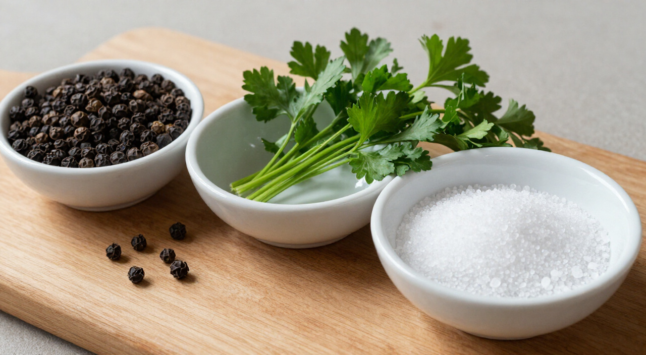 Whole black peppercorns, fresh parsley stems and kosher salt in bowls on a wooden cutting board