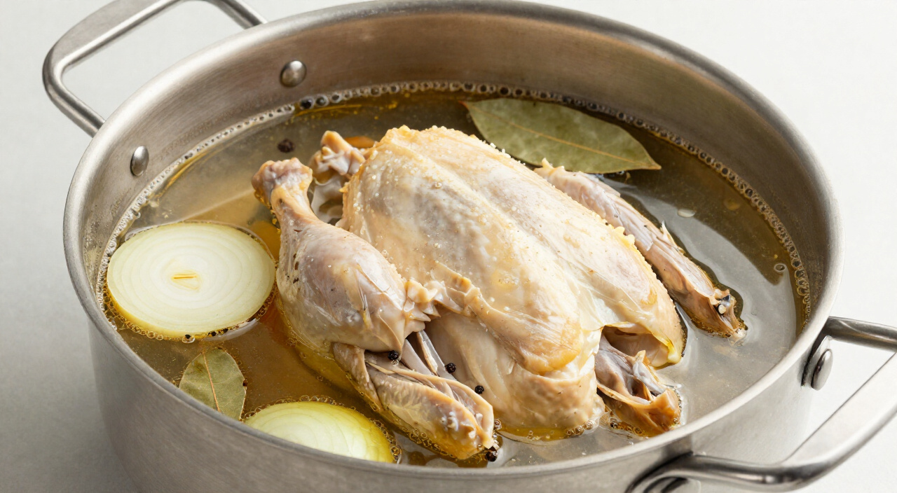whole chicken gently simmering in golden broth with onion halves and bay leaves in a stockpot