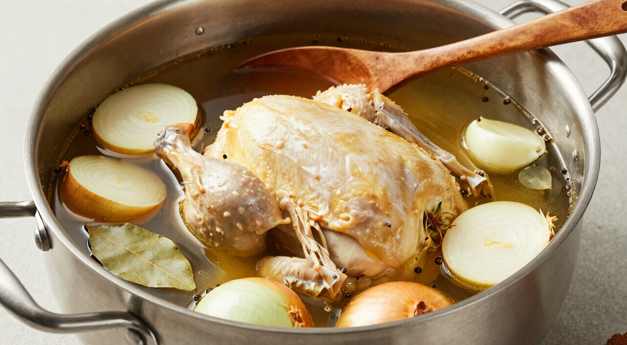 whole chicken simmering in golden broth with onion halves, garlic and bay leaves