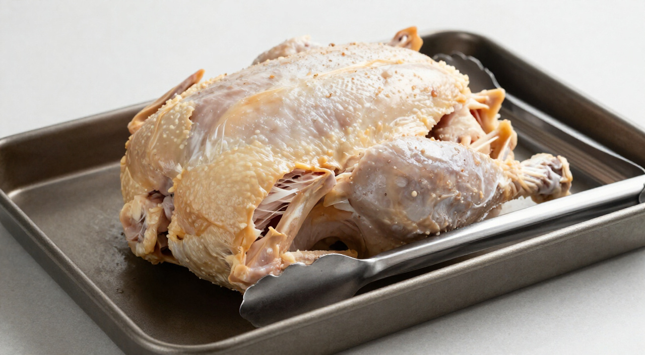 whole cooked chicken resting on a sheet pan after simmering in broth