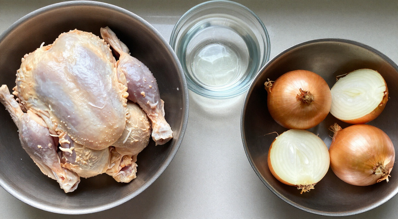Whole raw chicken, a bowl of cold water, and a halved yellow onion with skin on