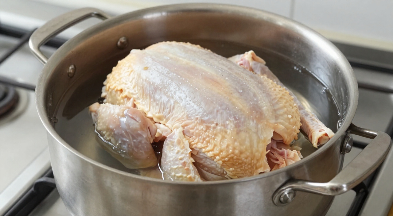 whole raw chicken breast-side up covered in cold water in a tall stockpot