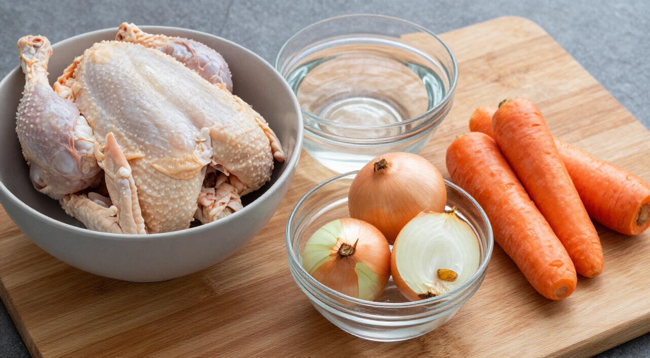 Whole raw chicken, cold water, quartered yellow onions and carrot chunks in bowls on a wooden cutting board
