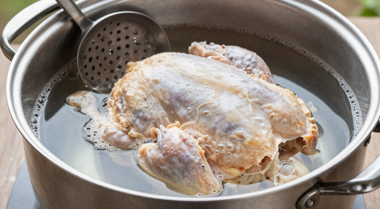 whole raw chicken in cold water in a stockpot with foam on the surface