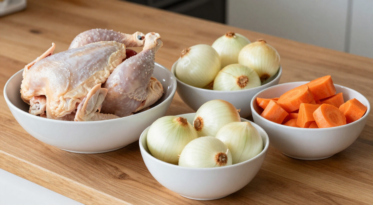 Whole raw chicken, quartered onions and carrot chunks in bowls for homemade chicken broth