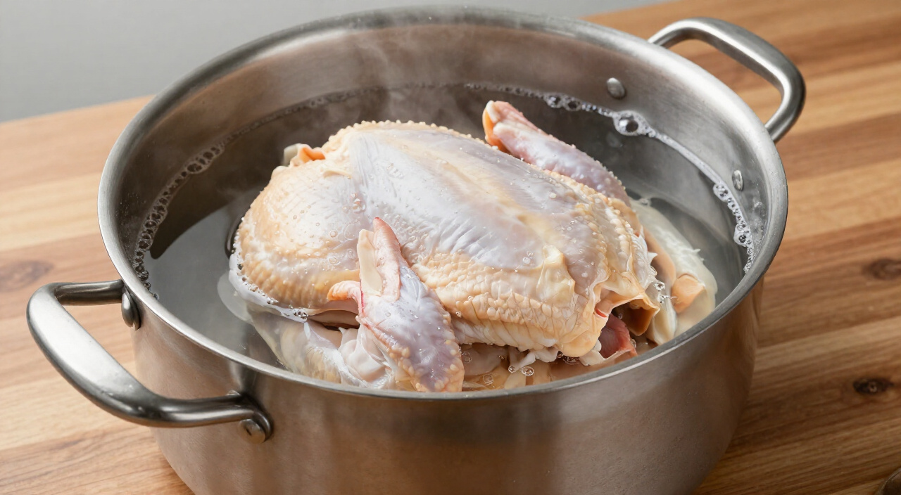 whole raw chicken submerged in water in a tall stockpot as it heats